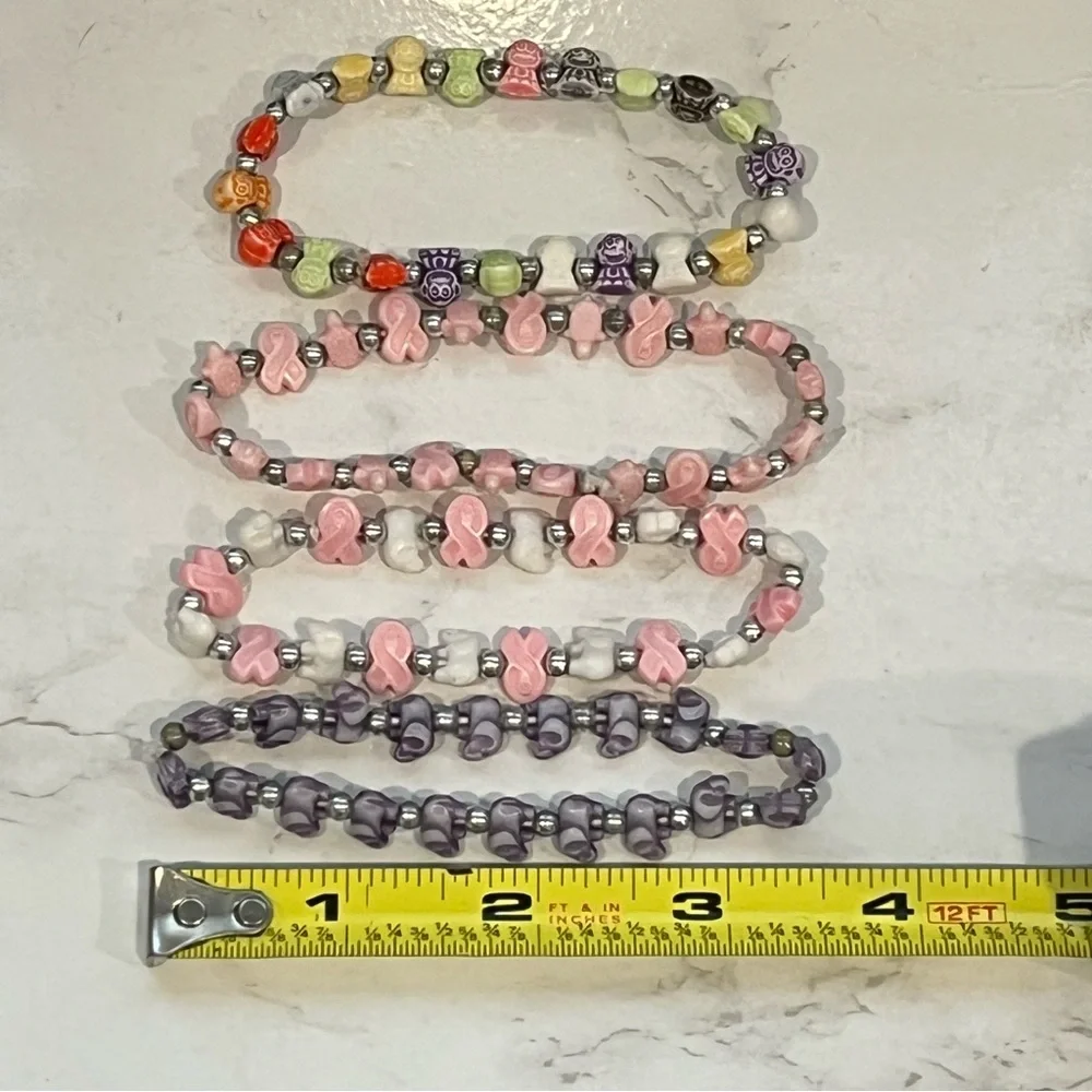 Trrtlz Collectible Beaded Stretch Bracelets -Monkey Elephant Turtle Pink Ribbons